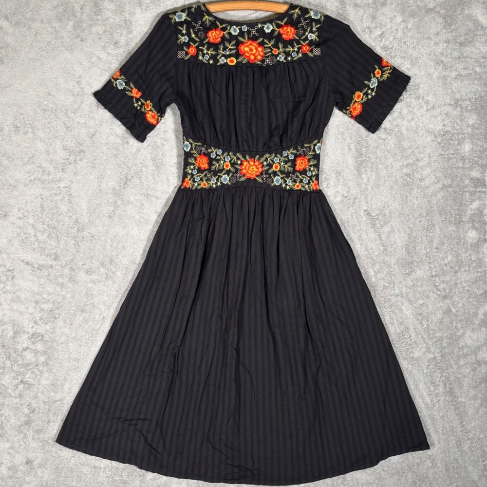 ROOLEE Black Floral Embroidered Cotton Button Front Midi Dress XXS NWT Cottage - Picture 2 of 14